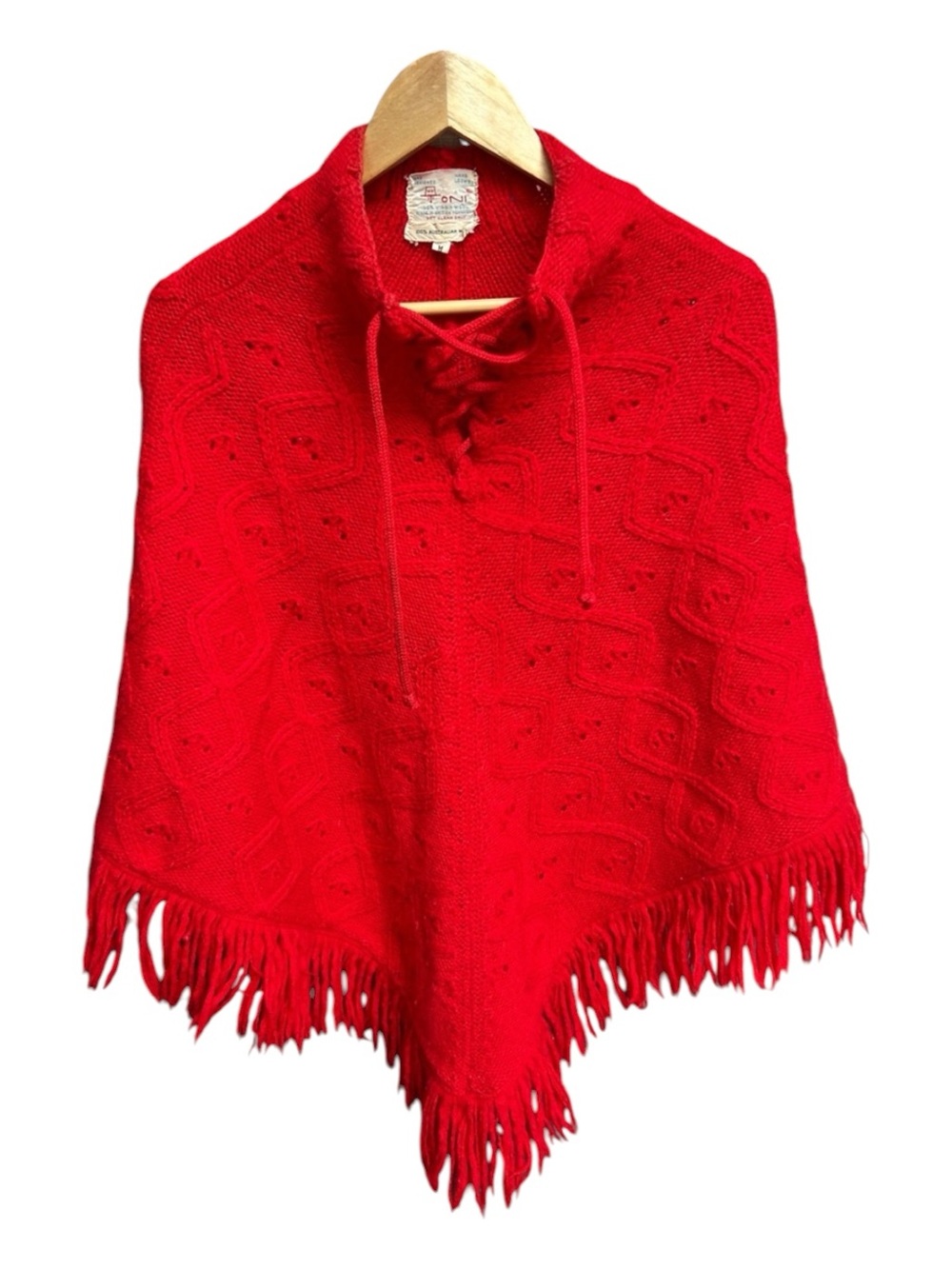 Vintage Mr Toni Red Australian Wool Knit Fringe Poncho Cape Hong Kong Size M